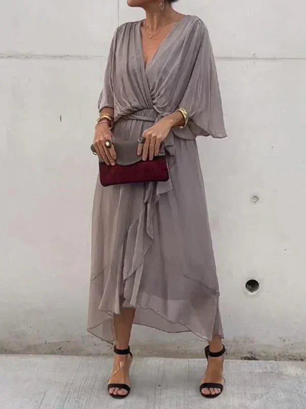 Elegant Wrap Tie Waist Midi Dress | Women | Wrap Front V-Neck | Waist Defining Fit | Wedding Guest & Evening Dress | Steven & Levon