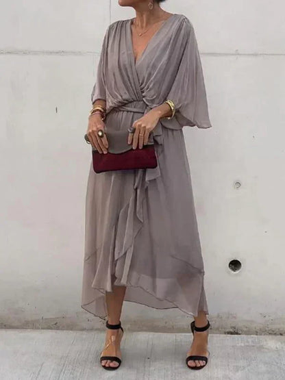 Elegant Wrap Tie Waist Midi Dress | Women | Wrap Front V-Neck | Waist Defining Fit | Wedding Guest & Evening Dress | Steven & Levon