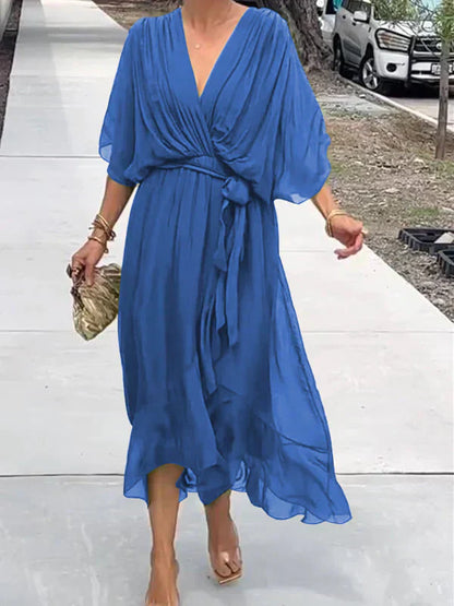 Elegant Wrap Tie Waist Midi Dress | Women | Wrap Front V-Neck | Waist Defining Fit | Wedding Guest & Evening Dress | Steven & Levon