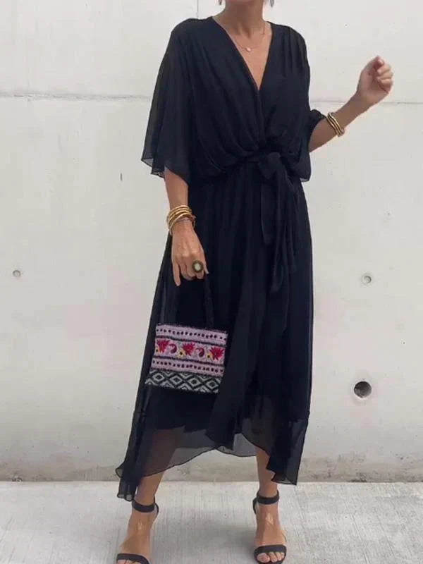 Elegant Wrap Tie Waist Midi Dress | Women | Wrap Front V-Neck | Waist Defining Fit | Wedding Guest & Evening Dress | Steven & Levon