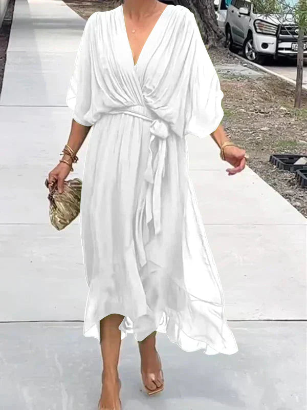 Elegant Wrap Tie Waist Midi Dress | Women | Wrap Front V-Neck | Waist Defining Fit | Wedding Guest & Evening Dress | Steven & Levon