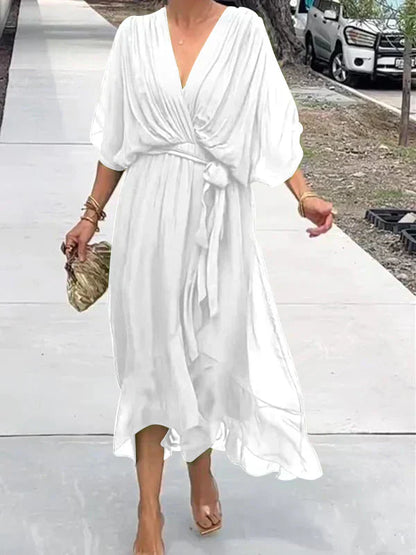 Elegant Wrap Tie Waist Midi Dress | Women | Wrap Front V-Neck | Waist Defining Fit | Wedding Guest & Evening Dress | Steven & Levon