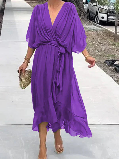 Elegant Wrap Tie Waist Midi Dress | Women | Wrap Front V-Neck | Waist Defining Fit | Wedding Guest & Evening Dress | Steven & Levon
