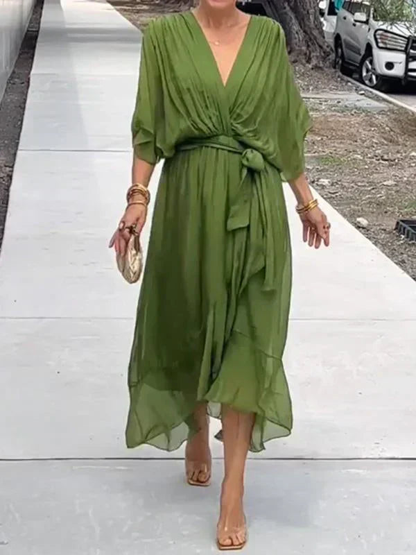 Elegant Wrap Tie Waist Midi Dress | Women | Wrap Front V-Neck | Waist Defining Fit | Wedding Guest & Evening Dress | Steven & Levon