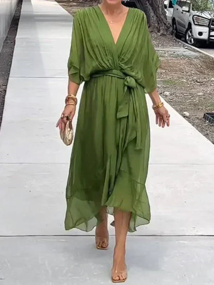 Elegant Wrap Tie Waist Midi Dress | Women | Wrap Front V-Neck | Waist Defining Fit | Wedding Guest & Evening Dress | Steven & Levon