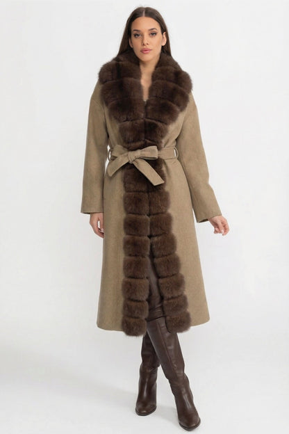 Wool Long Coat | Women | Fox Fur Front | Khaki | Winter Outerwear | Steven & Levon