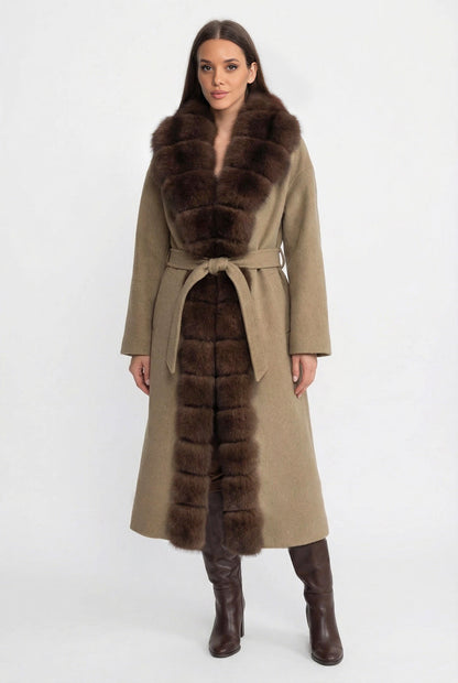 Wool Long Coat | Women | Fox Fur Front | Khaki | Winter Outerwear | Steven & Levon