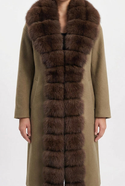 Wool Long Coat | Women | Fox Fur Front | Khaki | Winter Outerwear | Steven & Levon