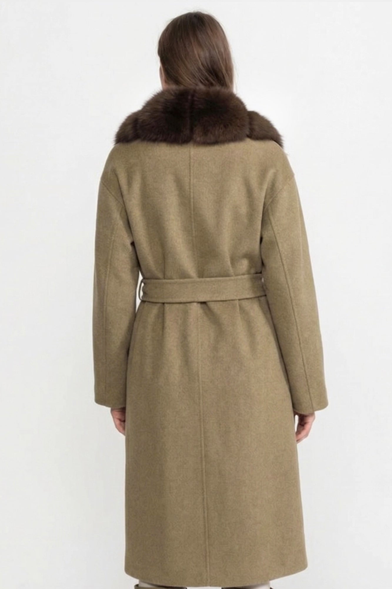 Wool Long Coat | Women | Fox Fur Front | Khaki | Winter Outerwear | Steven & Levon