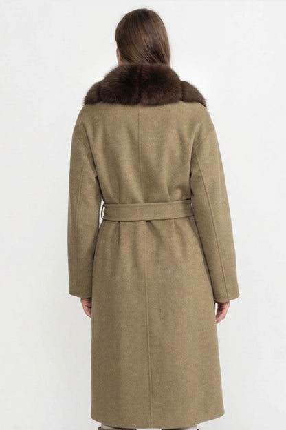 Wool Long Coat | Women | Fox Fur Front | Khaki | Winter Outerwear | Steven & Levon