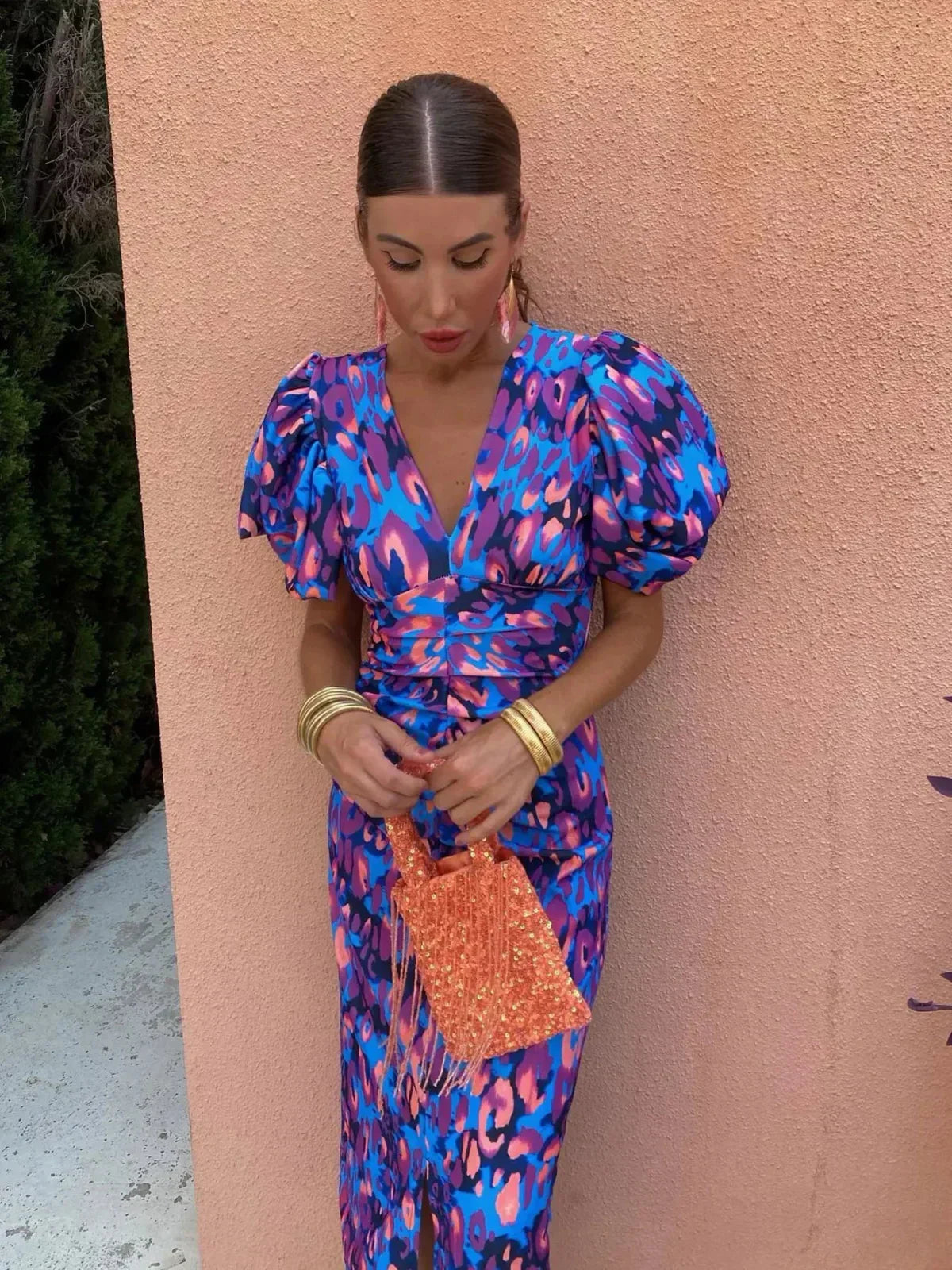 Women's Puff Sleeve Print Midi Dress | Floral Occasion Dress | Steven & Levon