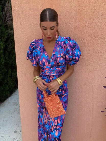 Women's Puff Sleeve Print Midi Dress | Floral Occasion Dress | Steven & Levon