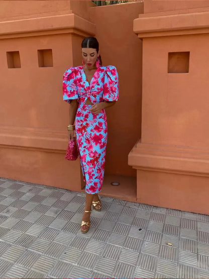 Women's Puff Sleeve Print Midi Dress | Floral Occasion Dress | Steven & Levon