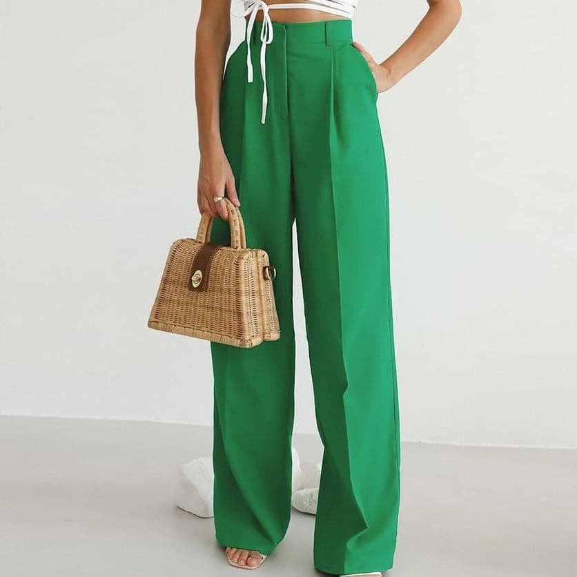 Wide-Leg Linen Trousers | Women | High-Waisted Pleated Green Linen Pants | Steven & Levon