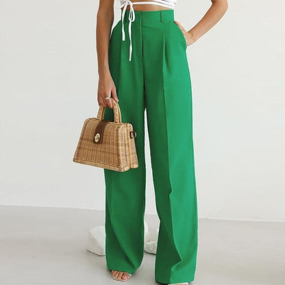 Wide-Leg Linen Trousers | Women | High-Waisted Pleated Green Linen Pants | Steven & Levon