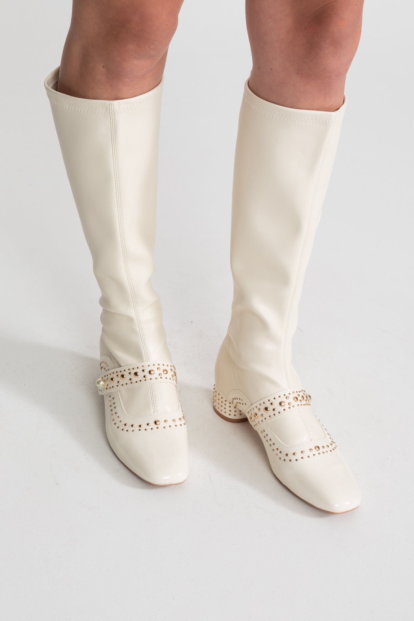 Studded Knee High Boots | Women | Pearl Strap | Ivoire | Steven & Levon