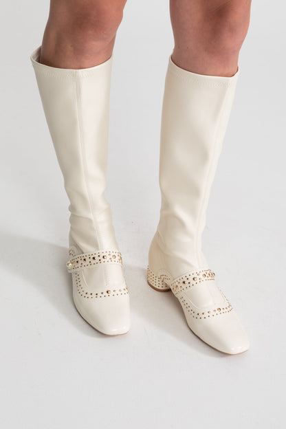 Studded Knee High Boots | Women | Pearl Strap | Ivoire | Steven & Levon