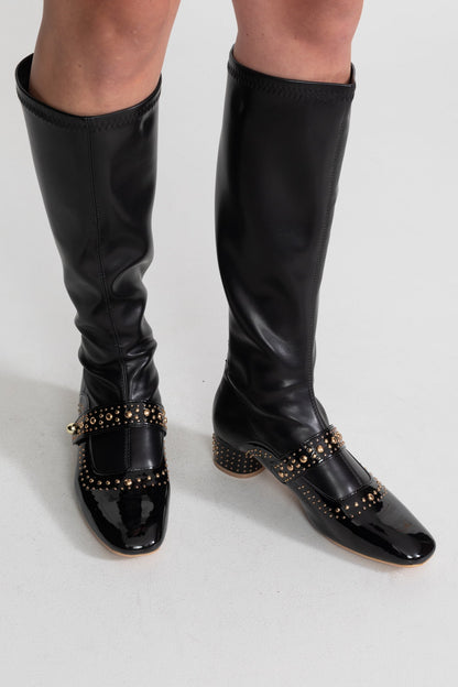 Studded Knee High Boots | Women | Pearl Strap | Black | Steven & Levon