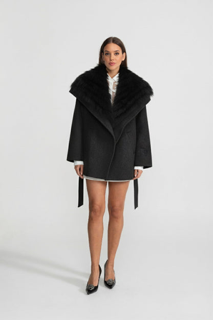 Women's Wool Coat | Oversized Fur Collar | Belted Black Winter Overcoat | Steven & Levon