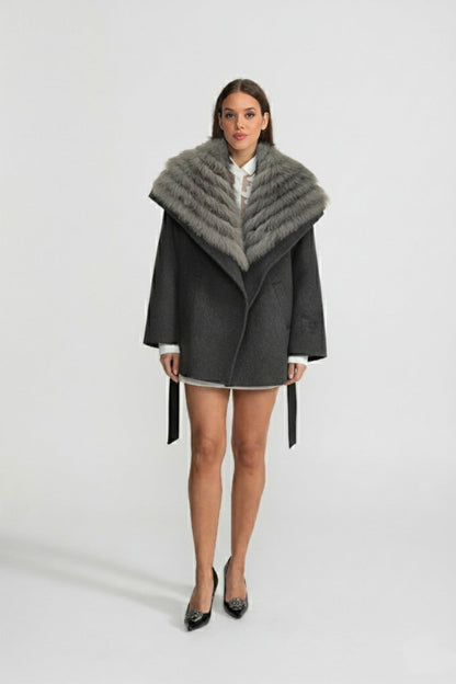 Women's Wool Coat | Oversized Fur Collar | Belted Grey Winter Overcoat | Steven & Levon