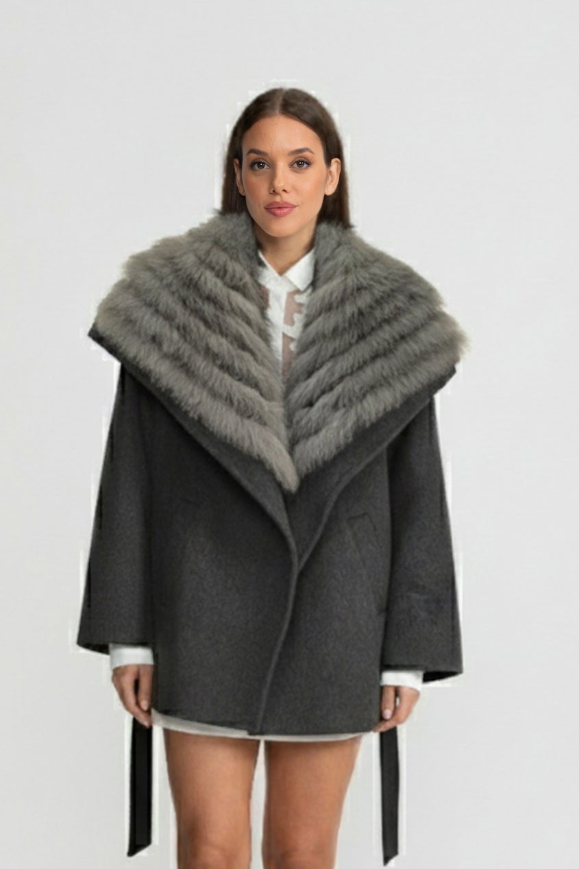 Women's Wool Coat | Oversized Fur Collar | Belted Grey Winter Overcoat | Steven & Levon