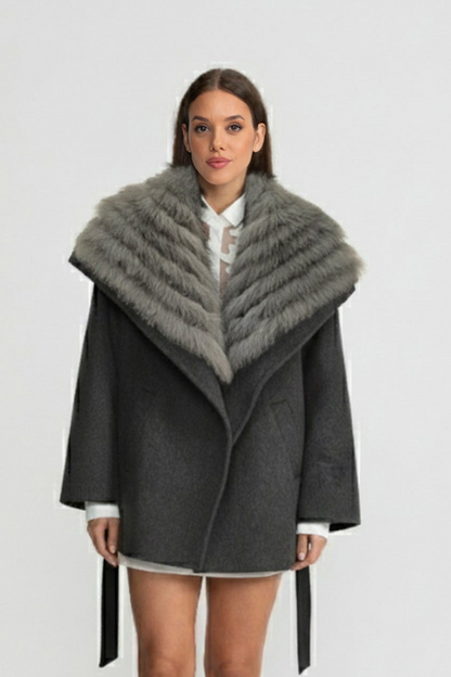 Women's Wool Coat | Oversized Fur Collar | Belted Grey Winter Overcoat | Steven & Levon