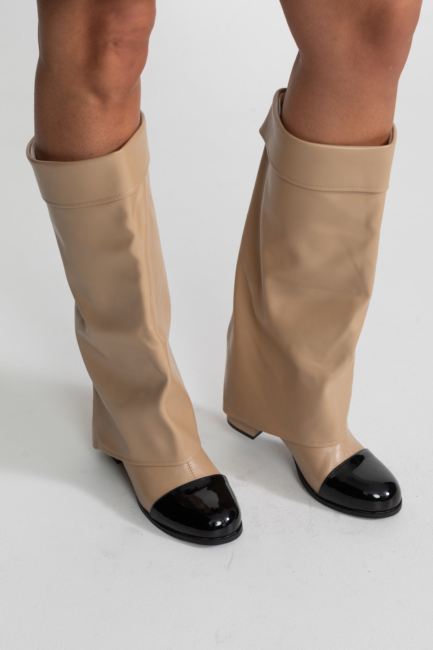 Women's Knee High Boots | Women | Patent Cap Toe | Beige & Black | Steven & Levon