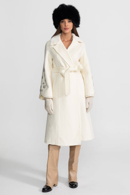 Women's Wool & Cashmere Overcoat | Fox Fur Collar | Crystal Embellished Sleeves, Belted Wrap Coat | Steven & Levon