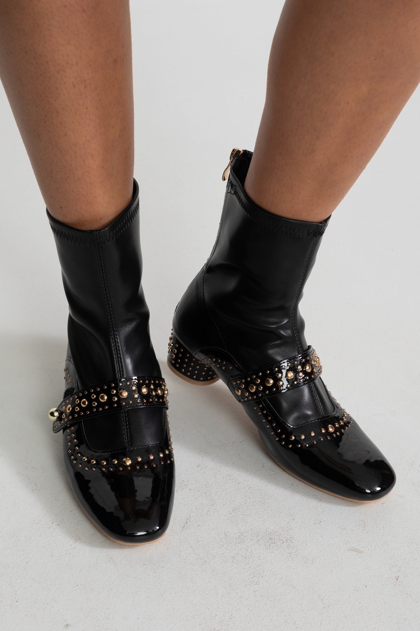 Studded Ankle Boots | Women | Pearl Strap | Black | Steven & Levon