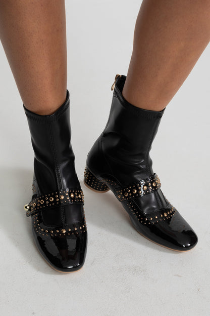 Studded Ankle Boots | Women | Pearl Strap | Black | Steven & Levon