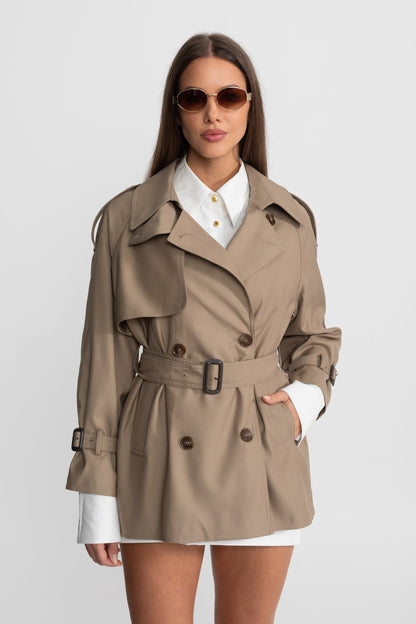 Women's Double Breasted Trench Coat | Khaki | Belted Waist | Classic Long Coat | Steven & Levon