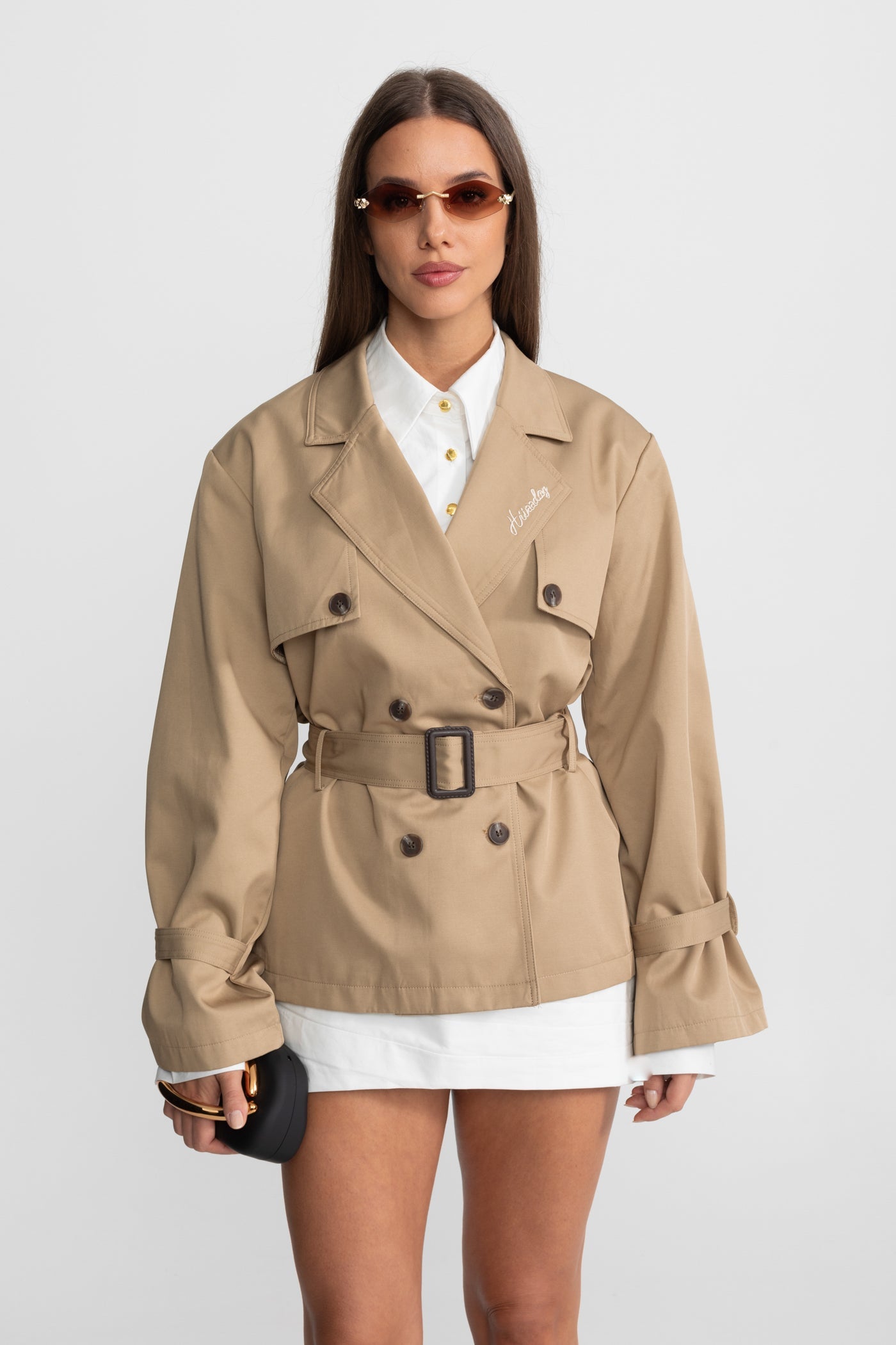 Women's Cropped Double-Breasted Trench Jacket | Belted Waist | Camel Smart Casual Outerwear | Steven & Levon