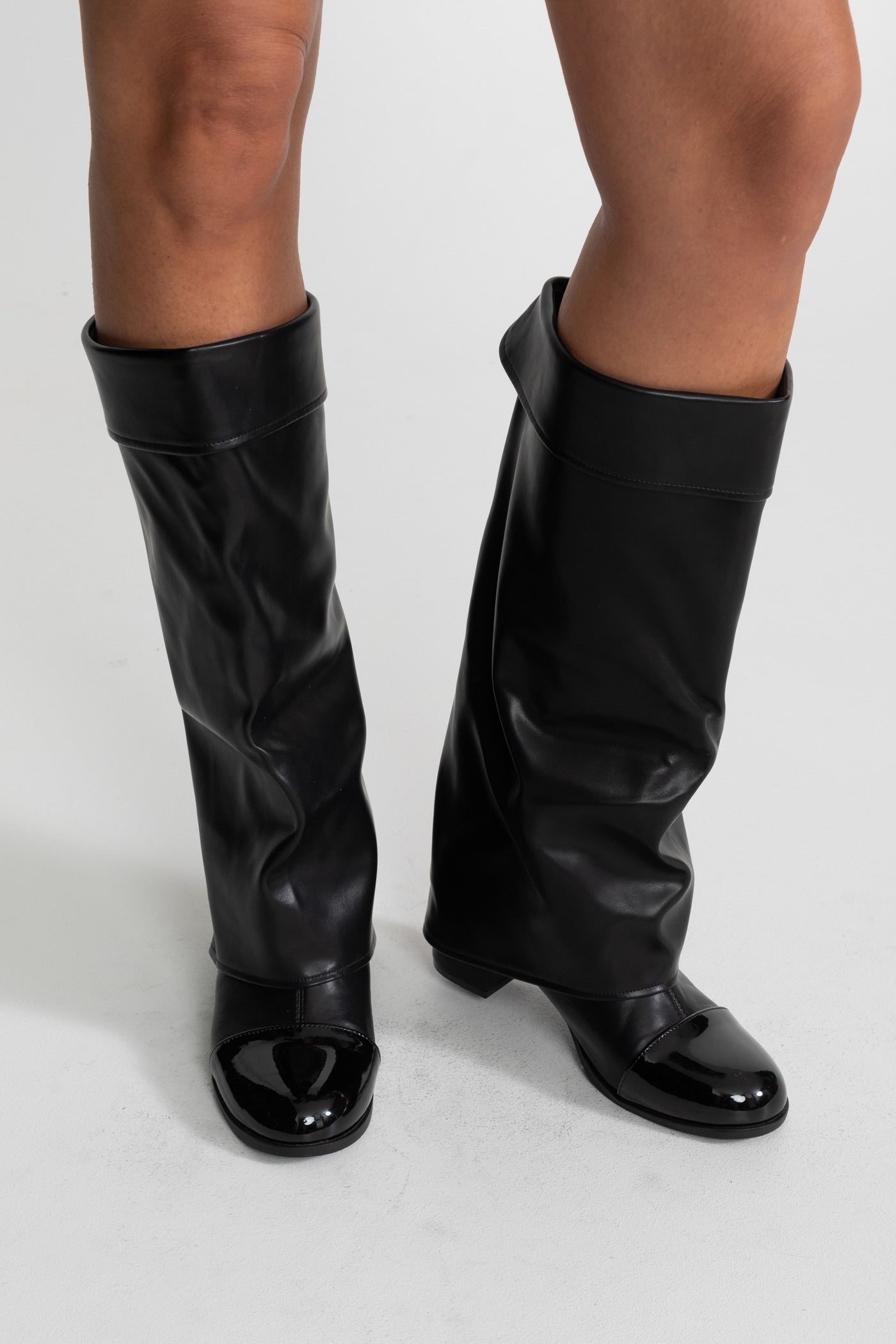 Knee High Boots | Women | Patent Cap Toe | Black | Steven & Levon