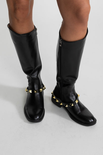 Knee High Boots | Women | Gold Stud Strap | Black | Steven & Levon