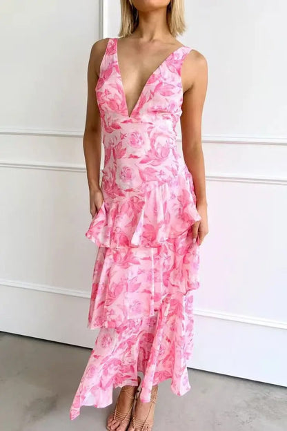 Elegant V-Neck Tiered Maxi Dress | Women | Lightweight Fabric | Occasion Wear | Steven & Levon
