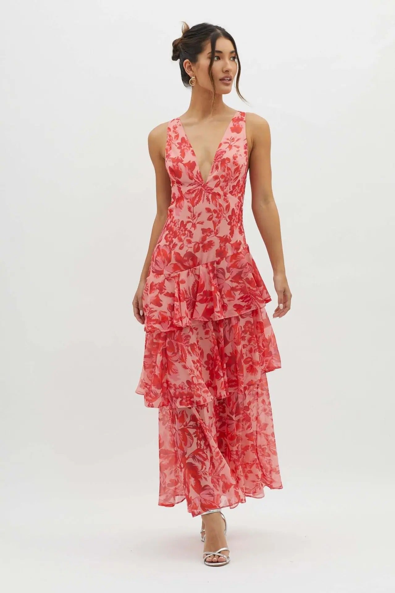 Elegant V-Neck Tiered Maxi Dress | Women | Lightweight Fabric | Occasion Wear | Steven & Levon