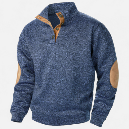 Men's Knitted Jumper | Stand Collar Half Button Pullover | Elbow Patch Sweater | Steven & Levon