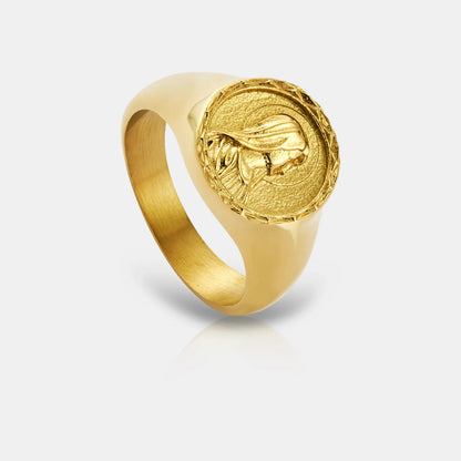Virgin Mary Signet Ring | Gold or Silver | Unisex | Stainless Steel | Religious Design | Blue Enamel | Steven & Levon