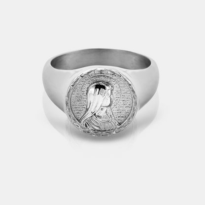 Virgin Mary Signet Ring | Gold or Silver | Unisex | Stainless Steel | Religious Design | Blue Enamel | Steven & Levon