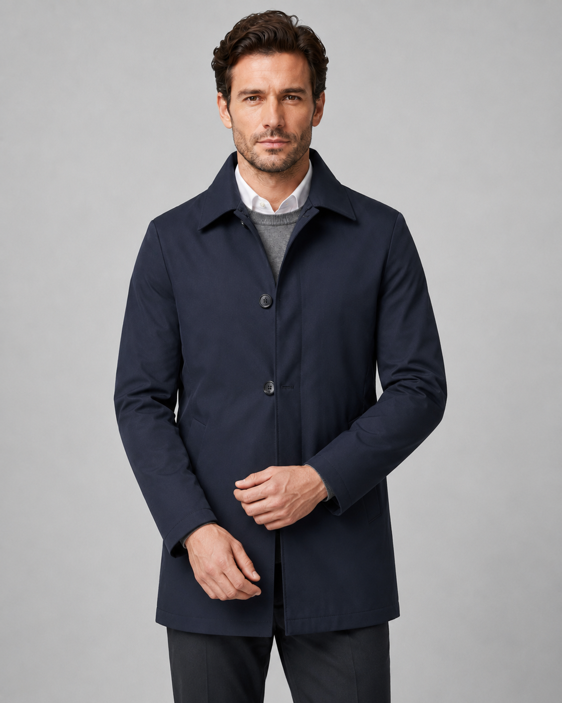 Men's Button Up Mac Coat | Point Collar | Lightweight | Smart Casual Outerwear | Steven & Levon
