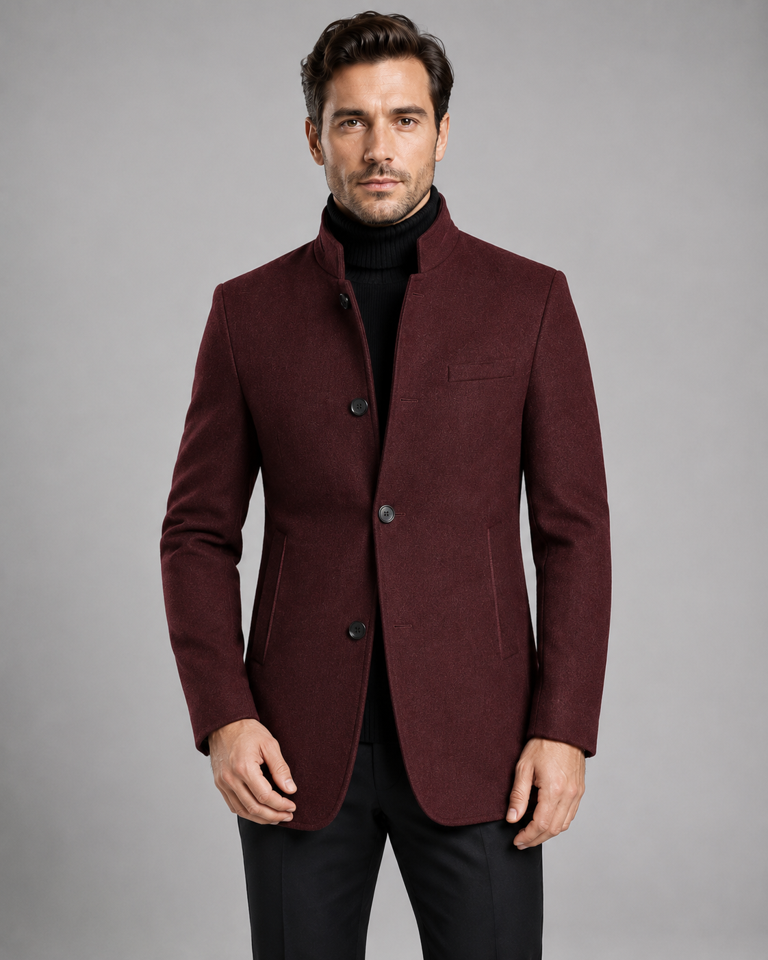 Men's Mandarin Collar Blazer | Tailored Fit | Single Breasted | Smart Casual Jacket | Steven & Levon