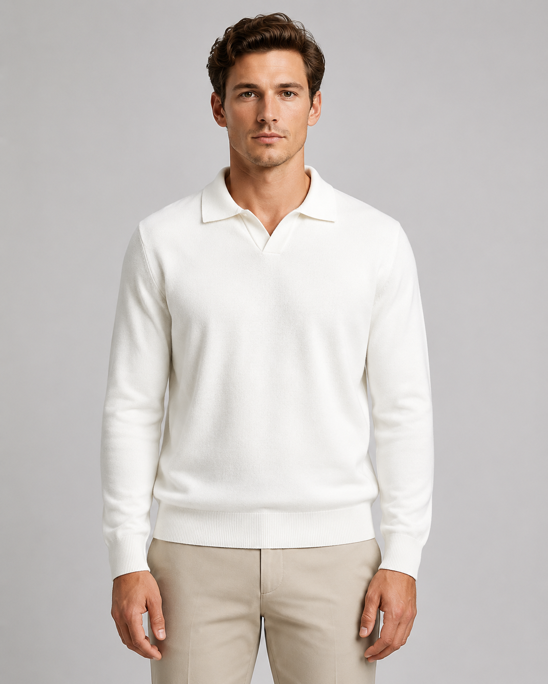 Men's Open Collar Knitted Polo | Long Sleeve | Soft Knit | Smart Casual Sweater | Steven & Levon
