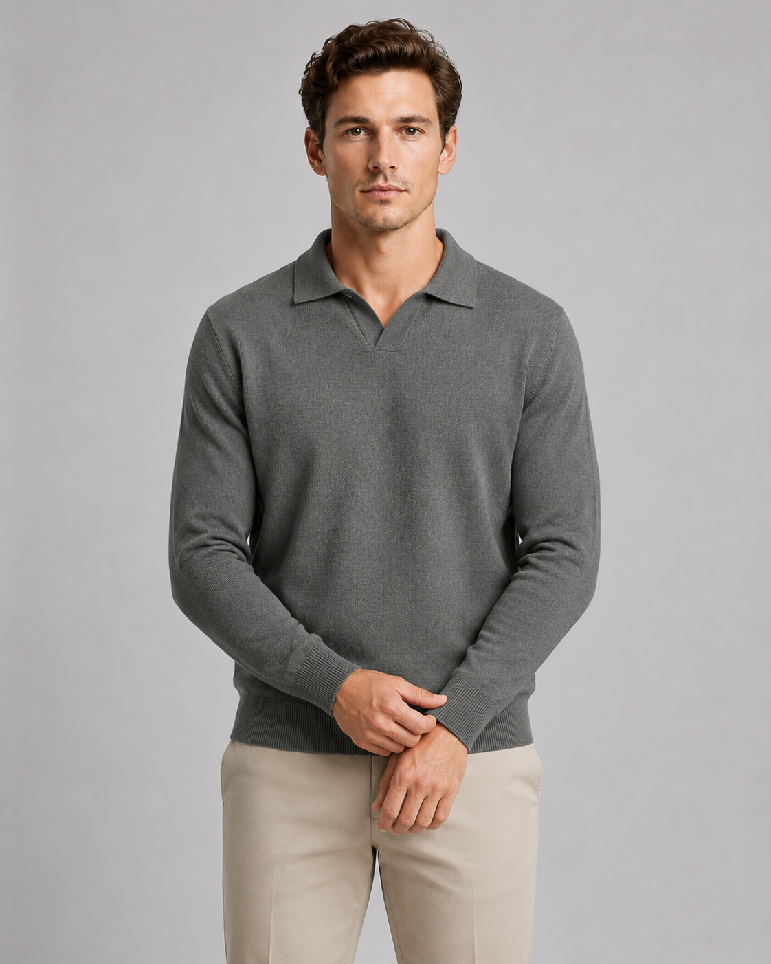 Men's Open Collar Knitted Polo | Long Sleeve | Soft Knit | Smart Casual Sweater | Steven & Levon
