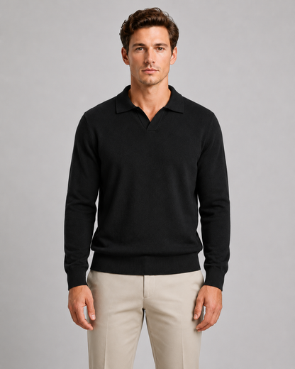 Men's Open Collar Knitted Polo | Long Sleeve | Soft Knit | Smart Casual Sweater | Steven & Levon