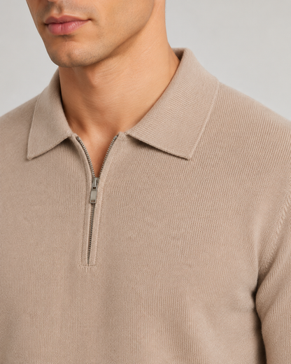 Men's Quarter Zip Knitted Polo | Long Sleeve | Soft Knit | Smart Casual Sweater | Steven & Levon