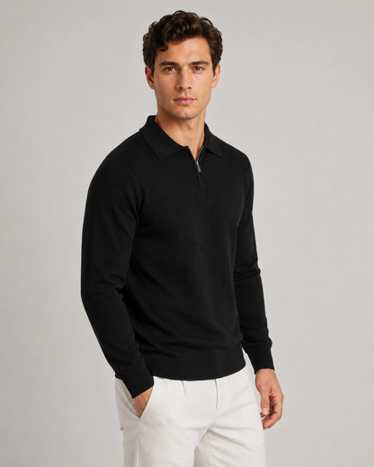 Men's Quarter Zip Knitted Polo | Long Sleeve | Soft Knit | Smart Casual Sweater | Steven & Levon