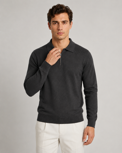 Men's Quarter Zip Knitted Polo | Long Sleeve | Soft Knit | Smart Casual Sweater | Steven & Levon