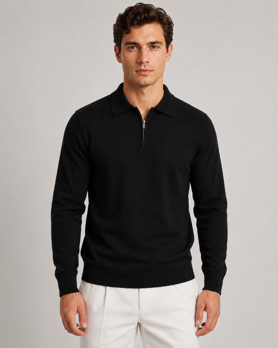 Men's Quarter Zip Knitted Polo | Long Sleeve | Soft Knit | Smart Casual Sweater | Steven & Levon