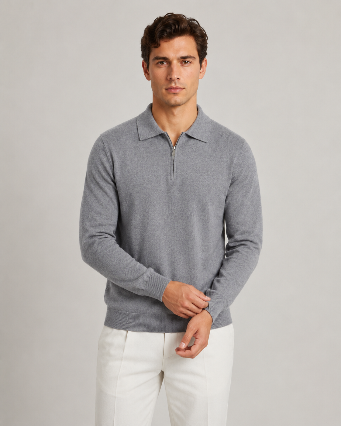 Men's Quarter Zip Knitted Polo | Long Sleeve | Soft Knit | Smart Casual Sweater | Steven & Levon