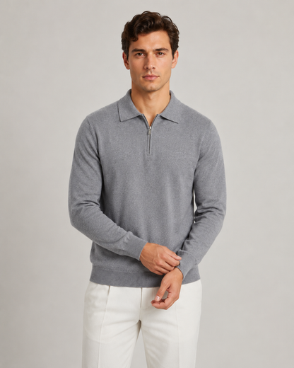 Men's Quarter Zip Knitted Polo | Long Sleeve | Soft Knit | Smart Casual Sweater | Steven & Levon